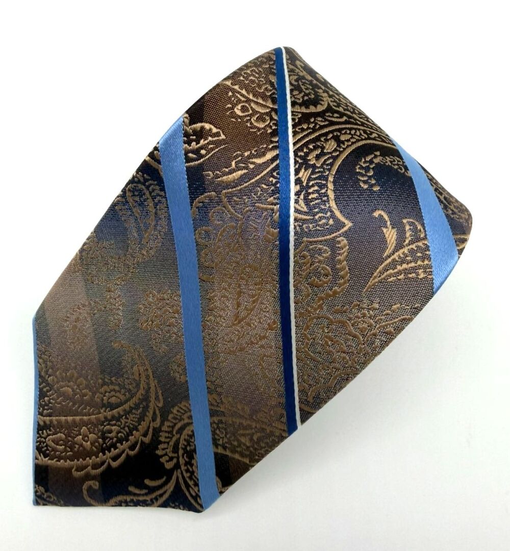 Van Heusen Mens Silk Tie Gold Blue Paisley Striped Classic Necktie